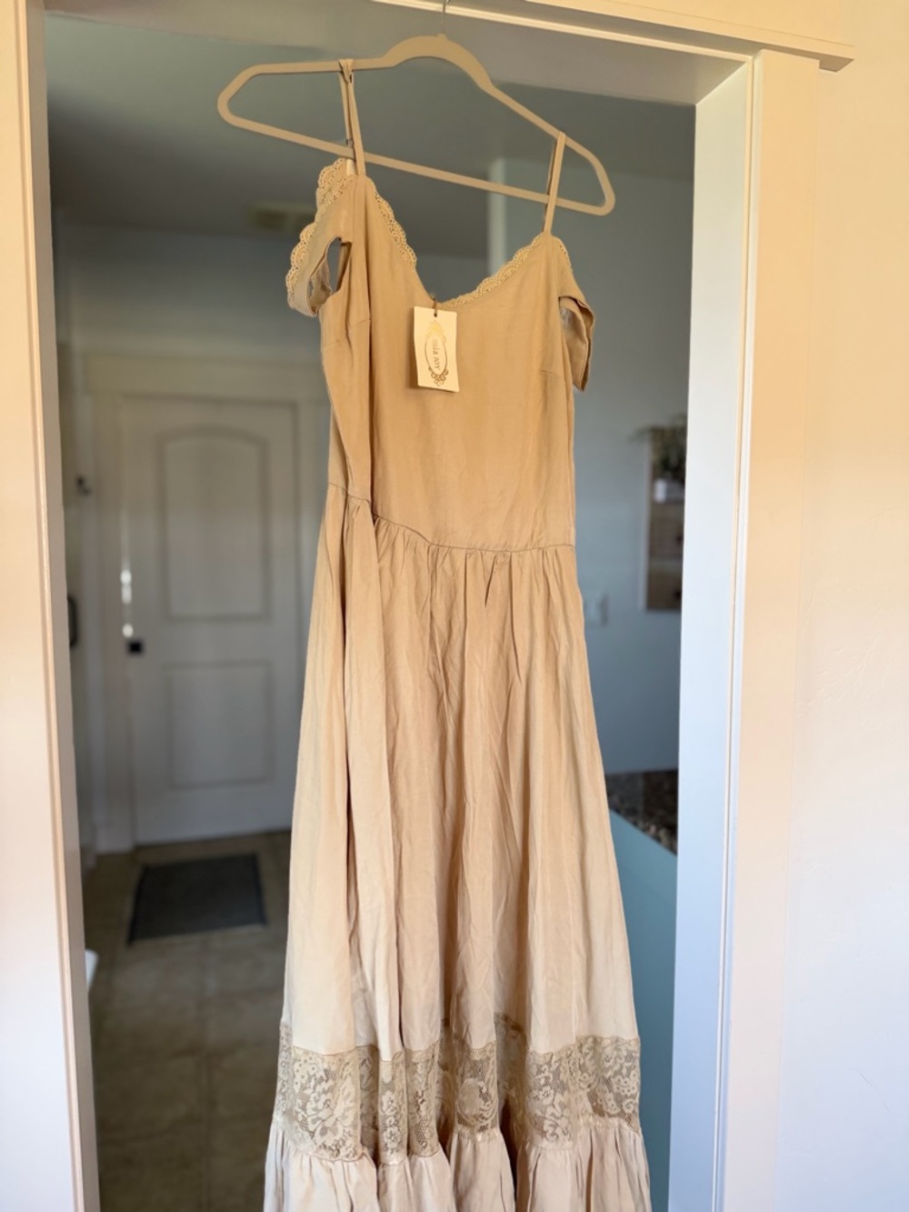 Joyfolie Neutral Beige Lace-Trim Maxi Dress